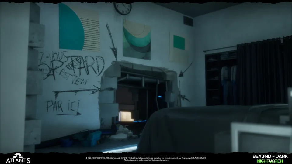 A teenager’s bedroom with graffiti on the walls