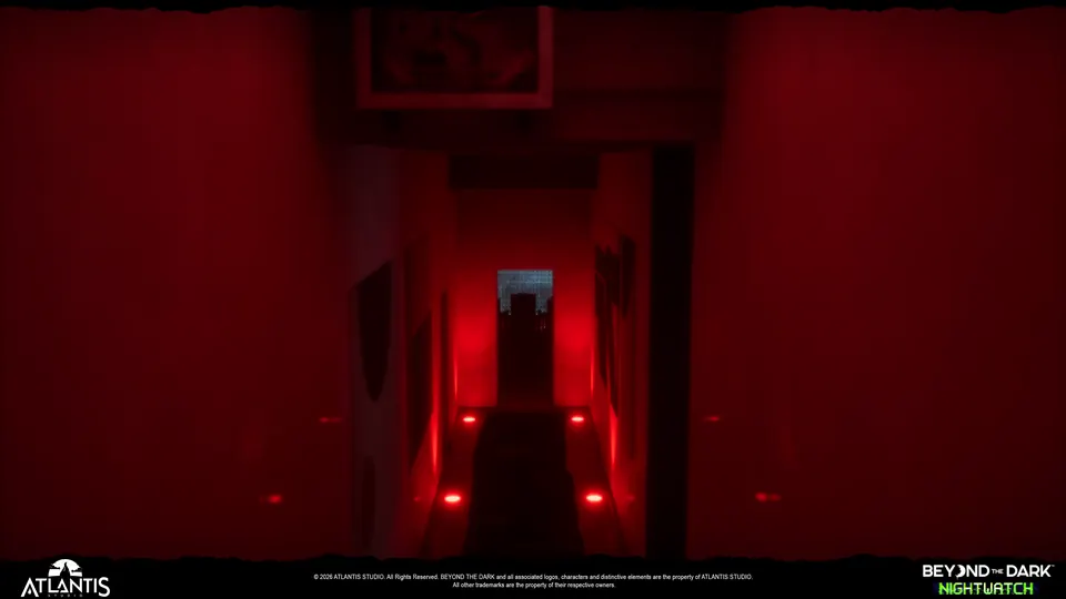 A corridor bathed in red light