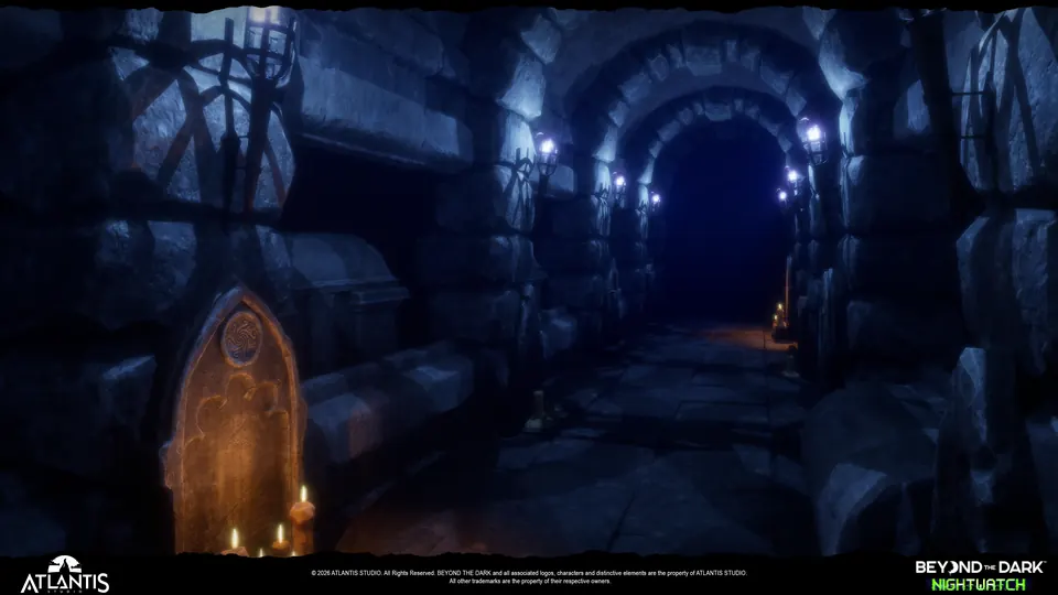 A stone tunnel lit by candles