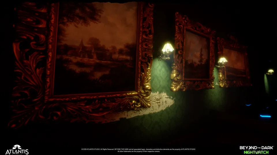 Ornate paintings in a dark gallery